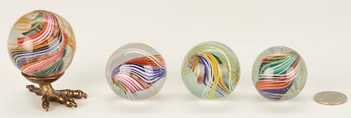 4 Handmade Divided Core Swirl Marbles & Marble Stand