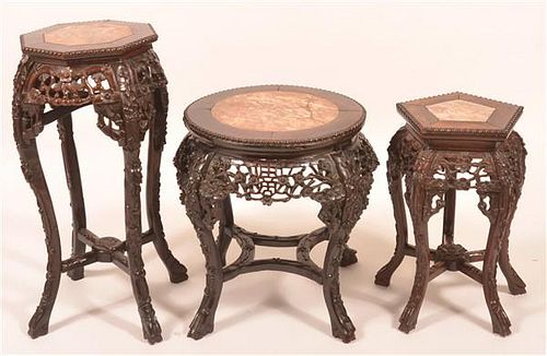 Three Oriental Rosewood Marble Top Stands.