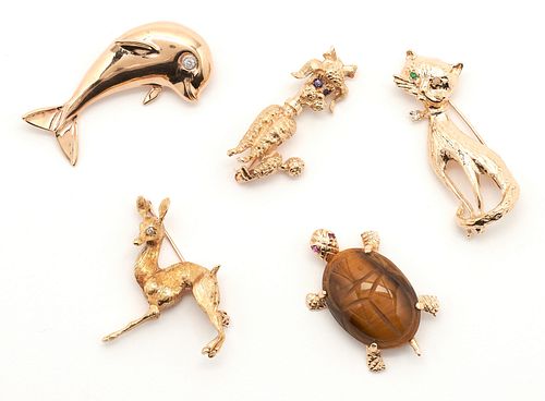 5 Ladies Yellow Gold Animal Brooches, incl. 14K & 18K