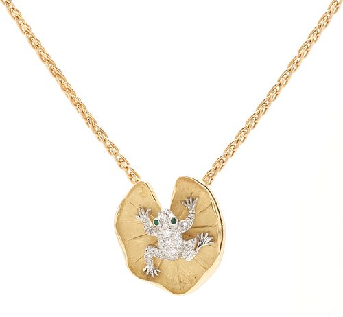McTeigue Diamond Emerald Platinum 18K Gold Lily Pad Frog Necklace
