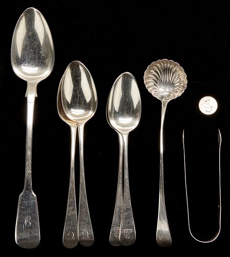 7 Silver Items attrib. Bateman inc. Stuffing Spoon, Ladle, Tongs and Spoons