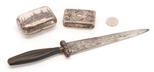 2 Russian Niello Snuff Boxes plus Spanish Knife with Engraved Handle