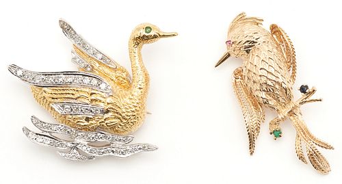 2 14K Gold & Gemstone Brooches, Hummingbird & Swan