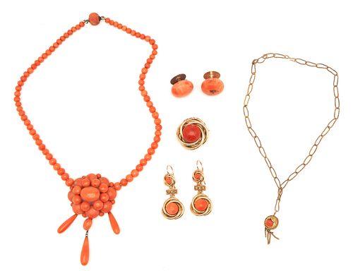 Five Ladies Gold & Coral Jewelry Items