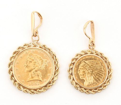 Two (2) Gold Coin Pendants, $5 Liberty and $2 1/2 Indian