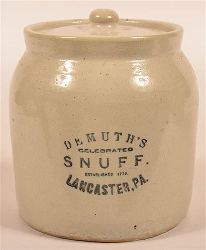 Demuth's Snuff Stoneware One Gallon Crock.