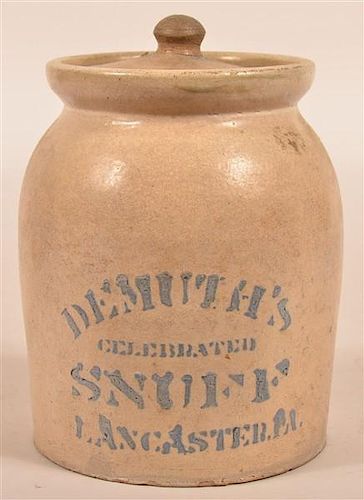 Demuth's Snuff Stoneware Half Gallon Crock.