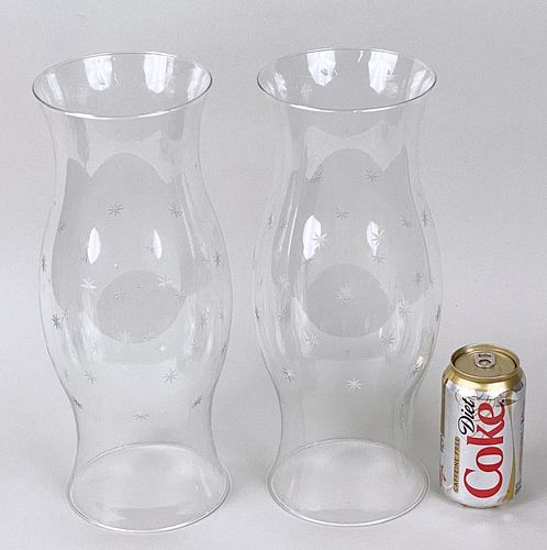 Pair Large Etched Glass Hurricane Shades