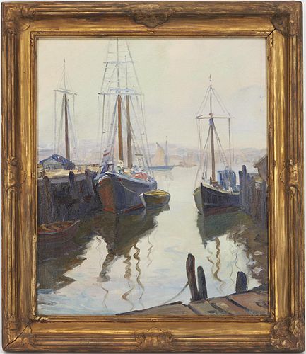 Attr. Carl Hayden O/C Marine Painting, Boats at Docks