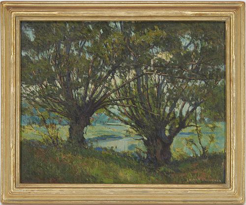 Louis Frederick Berneker O/C Painting, Trees by a Shore
