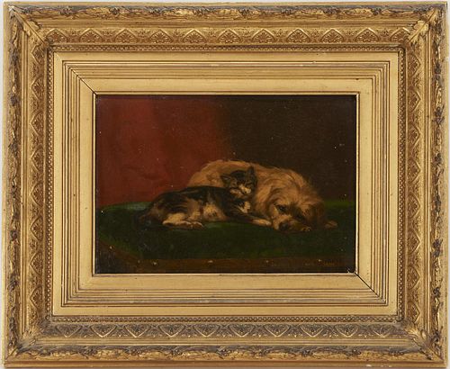 Small O/B Painting of Dog and Cat, signed