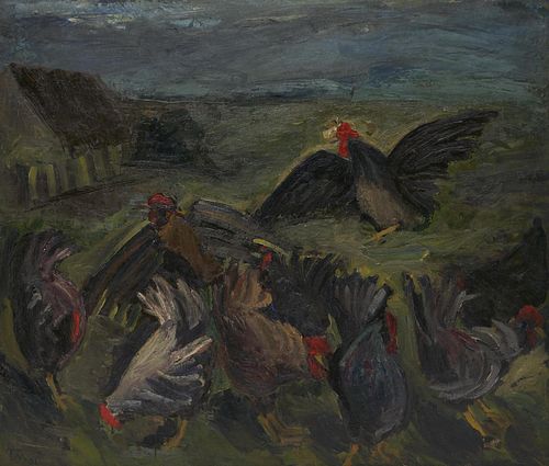 Carl Trock-Madsen O/C Landscape Painting w/ Roosters, Hous