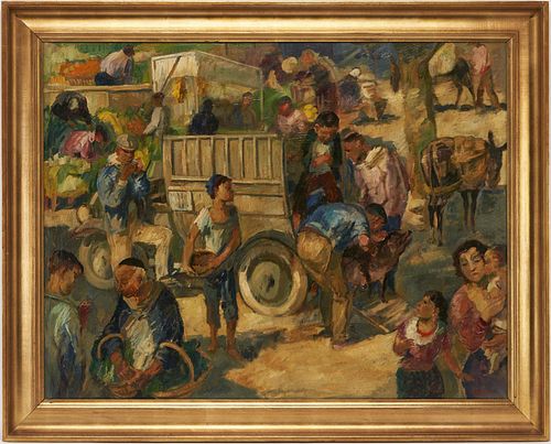 Ludvig Jacobsen O/C Painting, Market Day in Solier Malorca