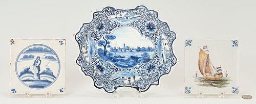 Delft Blue Dish, Signed, and 2 Delft Tiles
