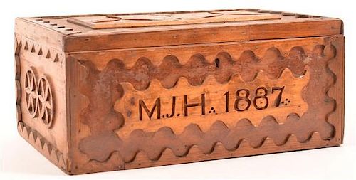Folk Art Softwood Lock Box "M.J.H. 1887".