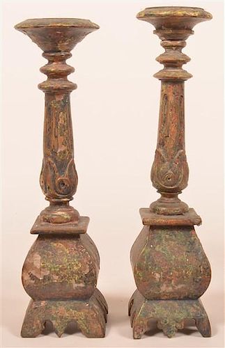 Pair of 18th Century Carved Wood Candlesticks.