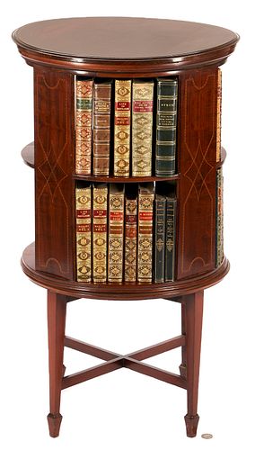 Sheraton Revival Inlaid Revolving Mahogany Bookcase + 28 Decorative Books