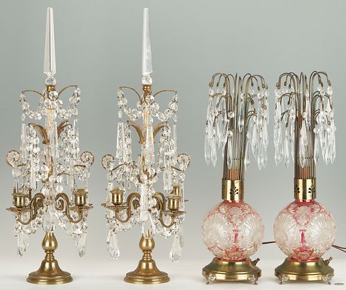Hollywood Regency Lamps and Baccarat Style Candelabra, 4 pcs.
