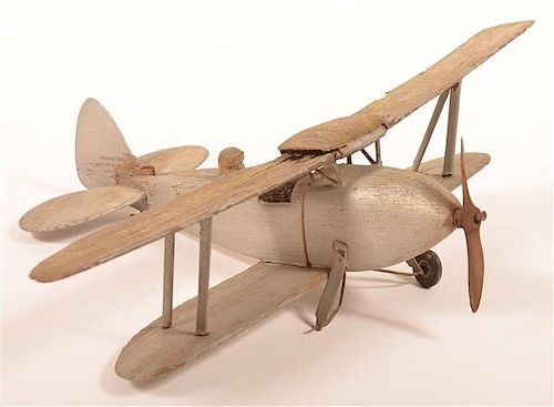 Vintage Silver Painted Wood Airplane Model.