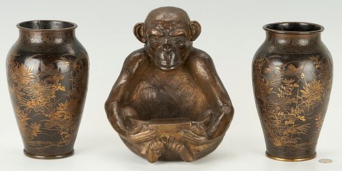 Randolph Rose Cast Bronze Sculpture of Monkey & 2 Bronze Urn Form Vases