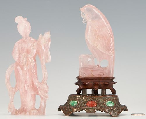 2 Chinese Rose Quartz Carvings plus Jeweled Bronze Stand