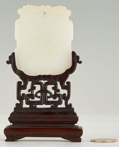 Chinese White Jade Plaque with Hardwood Stand