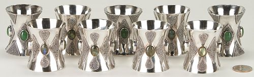Set of 9 Sterling Indonesian Napkin Rings w/ Stones