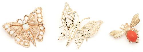 3 Ladies 14K Insect Brooches