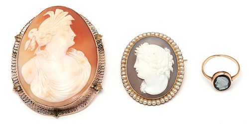 Three (3) Items: Gold Carved Cameo Brooches and Ring