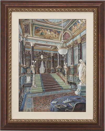 19th Watercolor of English Palace Interior