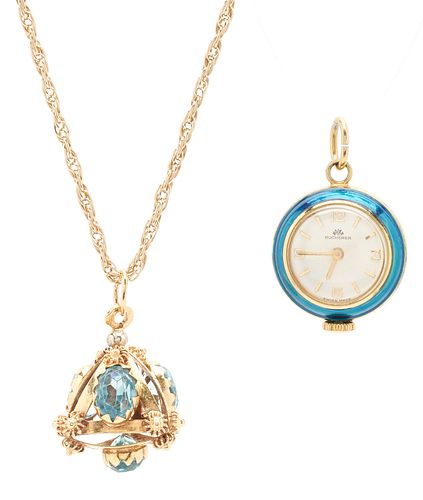 14K Gold & Topaz Necklace & Bucherer Watch Pendant, 3 items