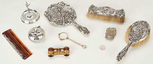 9 Ladies Items inc. Art Nouveau Sterling Dresser Set, Gold Plated Lorgnette