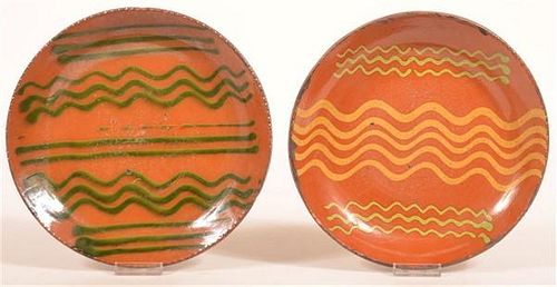 Two Shooner Redware Slip Decorated Plates.
