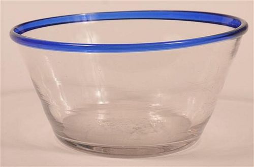 Blown Glass Bowl with Cobalt Blue Applied Rim.