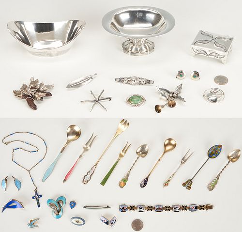 30 Sterling Silver Items, incl. Danish Art Nouveau, Brooches, Enameled