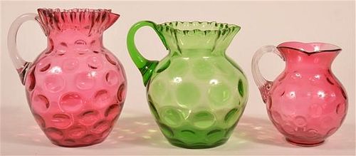 Three Colored Glass Coin Dot Pattern Pitchers.