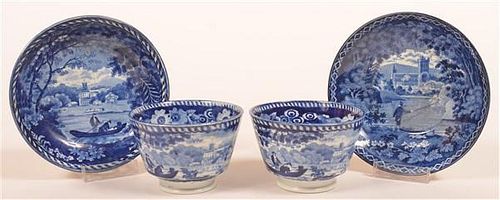 Two Staffordshire  Blue Transfer Cups & Saucers.