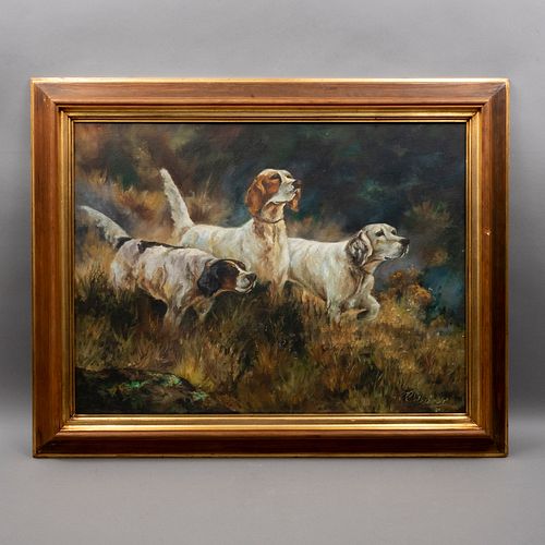 FIRMA NO IDENTIFICADA. Perros de caza. Óleo sobre tela. 60 x 80 cm. Enmarcado. Detalles de conservación.