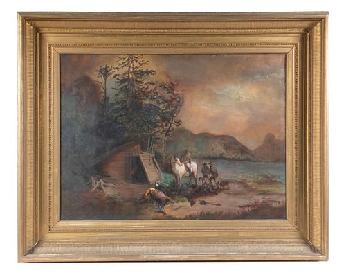 19TH C. HUNTING PARTY PAINTING, UNSIGNED