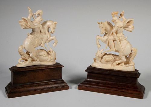 19TH C. PAIR OF IVORY ON WOOD ST. GEORGE SLAYING THE DRAGON BOOKENDS