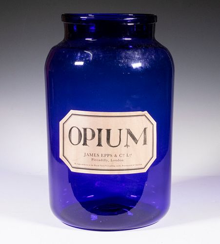 LARGE BLUE GLASS APOTHECARY JAR "OPIUM"