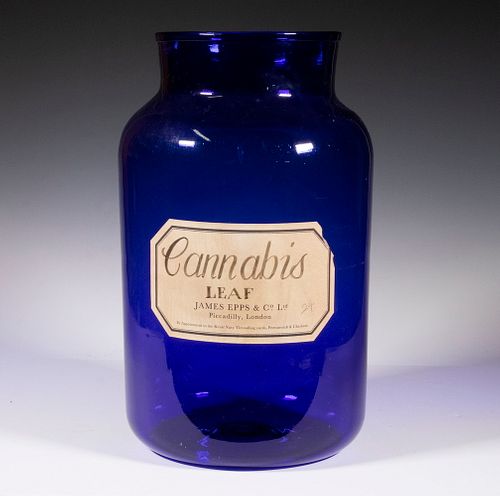 LARGE BLUE GLASS APOTHECARY JAR "CANNABIS LEAF"