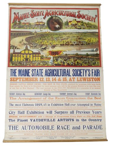 RARE 1906 MAINE AGRICULTURAL FAIR ROLL-UP BROADSIDE POSTER