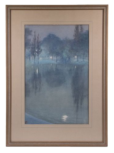 TONALIST WATERCOLOR OF GARDEN POND AT DUSK, ARTIST UNIDENTIFIED, DATED '26