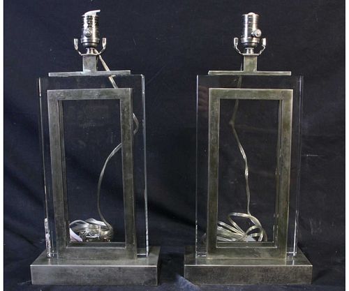 PAIR OF METAL AND GLASS LAMPS