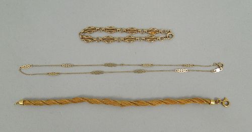 (2) 14K Yellow Gold Bracelets & a Necklace.
