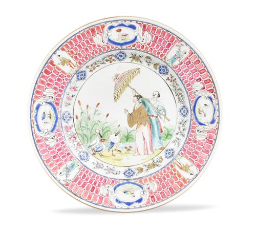 Rare Pronk"Dame Au Parasol"Plate,Yongzheng Period