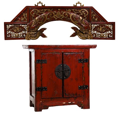 Chinese Red Lacquered Cabinet and Wall Plaque