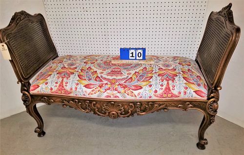 CARVED MAHOG BENCH W/ DOUBLE CANE ENDS 35"H X 52"W X 22"D