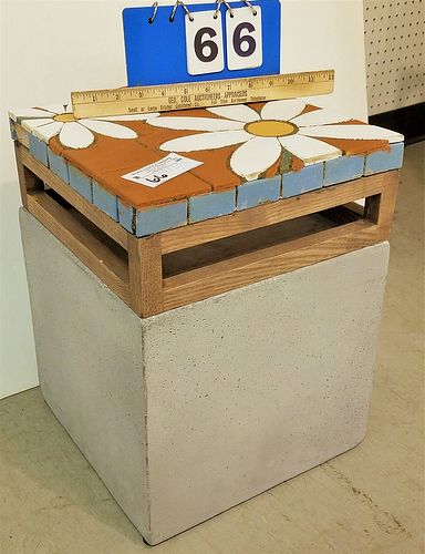 CEMENT BASE STAND W/ OAK AND MOSAIC TILE TOP 15 3/4"H X 12" SQ
